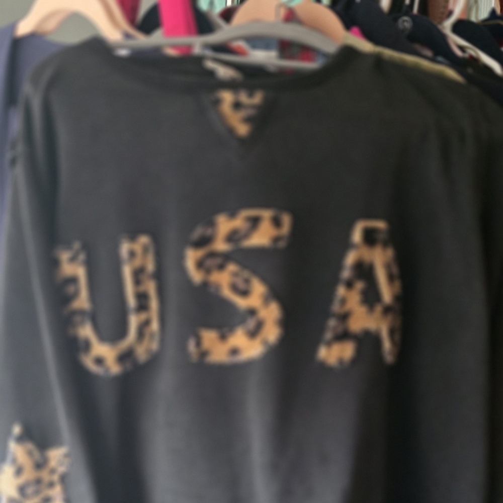 POL Black Sweatshirt with Leopard Print USA Design PTP 23 Very Nice Bell Mid Sle - Picture 2 of 7